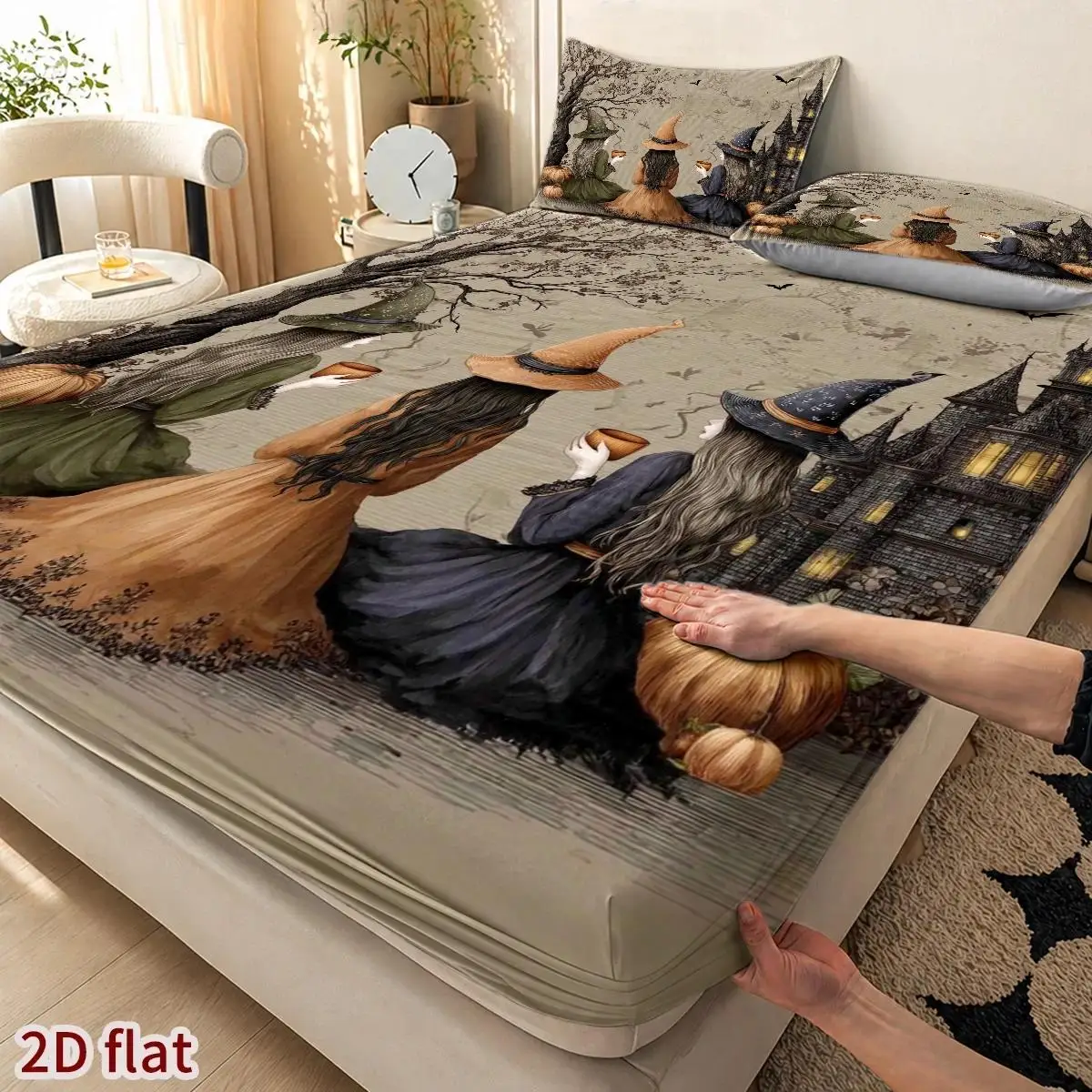 2D Flat Priting, Mattress Protector, Elastic Fitted Sheet Cover, King/Twin/Queen Size, Three Witches Autumn Gathering Theme, Watercolor Hand-Painted Style, Suitable for All Seasons, Machine Washable, Universal for Home Master Bedroom, Dormitory, Guest Room, Dustproof and Stain-Resistant, Easy to Store, High Elastic Fit, Soft and Comfortable, Holiday Decoration