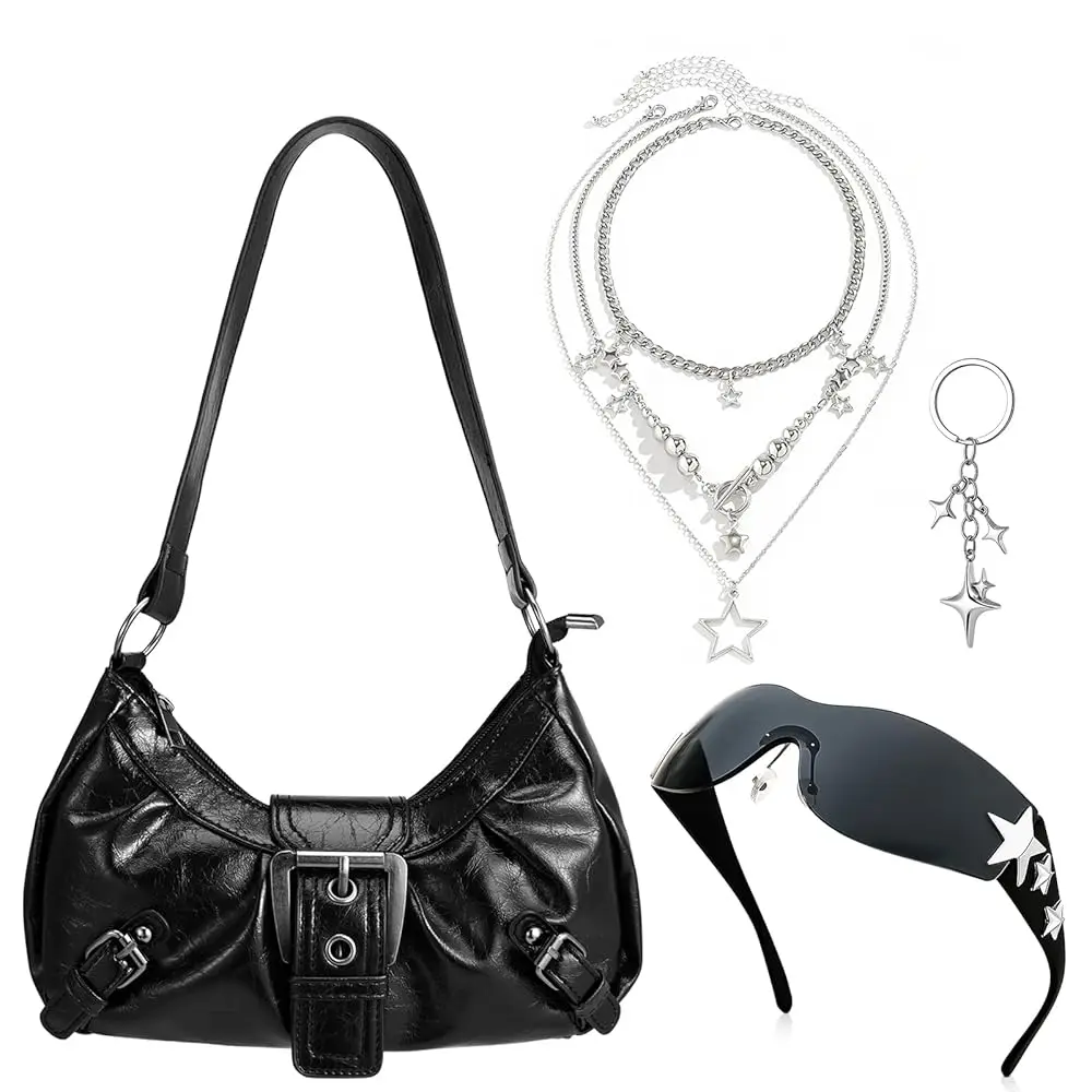 

Сумка-хобо Y2K для женщин с пряжкой, в стиле готика-панк, с оправой для солнцезащитных очков, многослойным ожерельем-звезда и брелоком