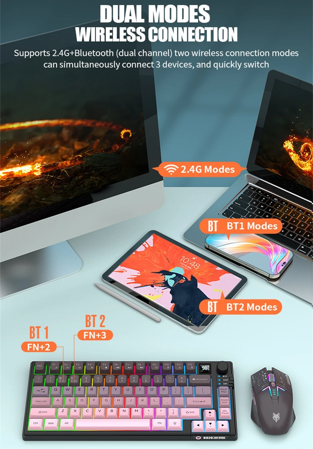 80% Layout Wireless Keyboard Spanish Russian Arabic Korean Keyboard Mouse Kit Bluetooth 2.4G Connection Backlight K92 Volume Kno