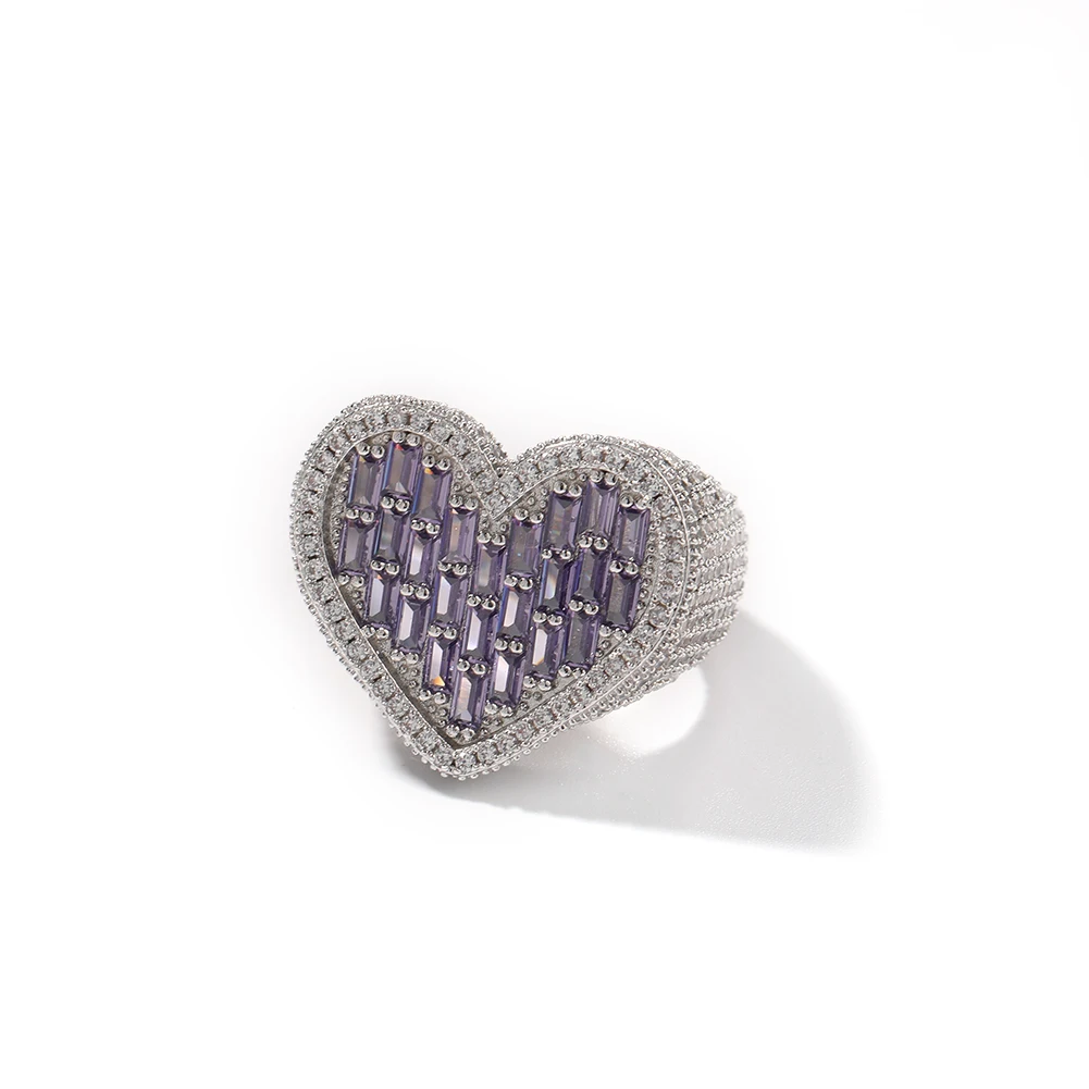 

New Design Big Heart Ring Full Paved Out Square Red Purple Cubic Zirconia Hiphop Ring Punk Jewelry For Men Women Size 6-9