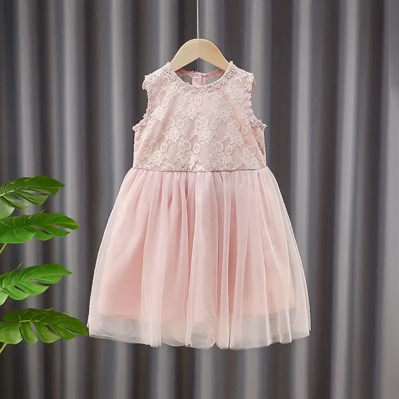 Girls' Gauze Princess Dresses Summer Children's Clothing Hook Flower Hollow Sleeveless Patchwork Big Bow Vest Lace Party Dress