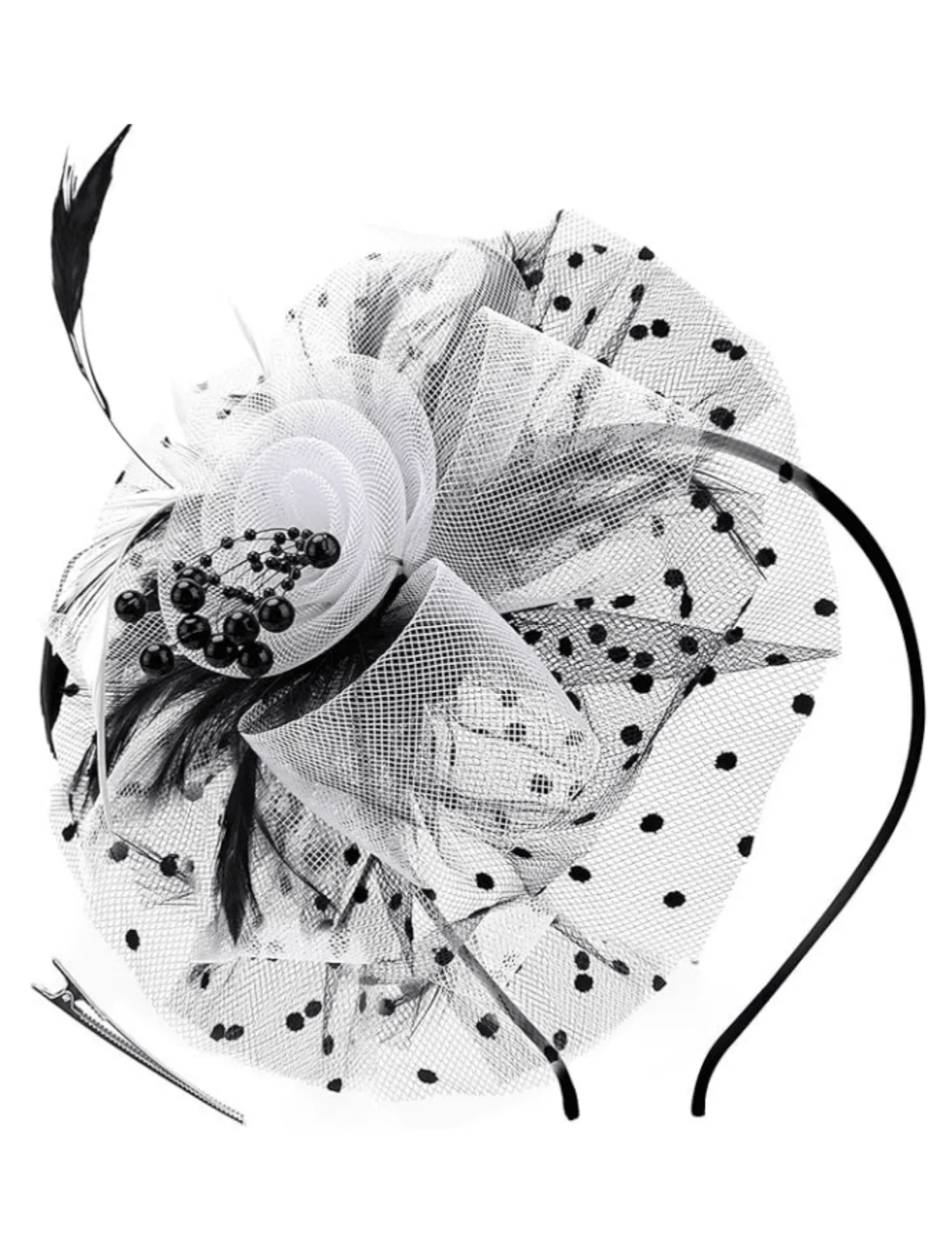 

Womens Vintage Fascinator Hat with Polka Dot Veil and Feather
