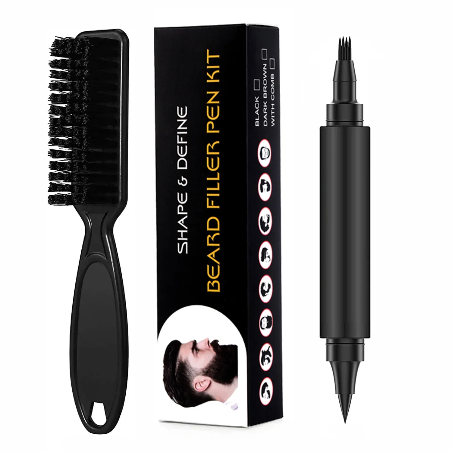 Two-in-one Four-pronged Eyebrow Pencil Beard Pen Comb Kit Filler Covering Facial Hair Patches Grooming Styling Men's Beard Dye