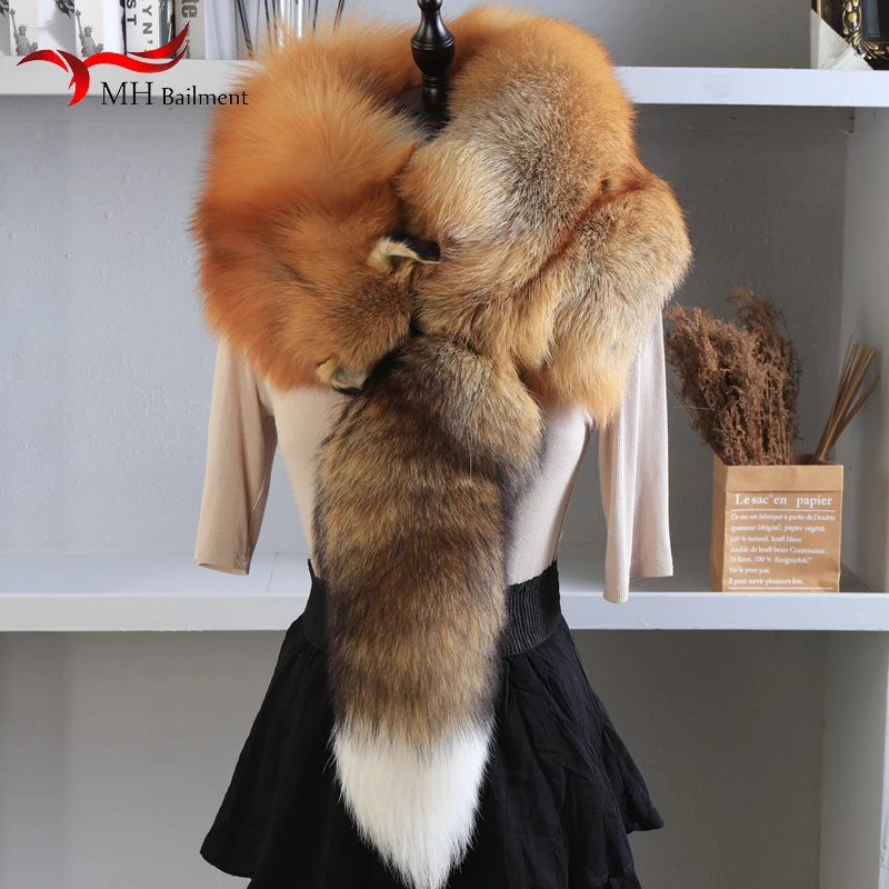 Lady Real Fox Fur Scarf Party Luxury Women Winter Furry Scarves Natural Fox Fur Collar Super Big Warm Soft Shawl Accessories