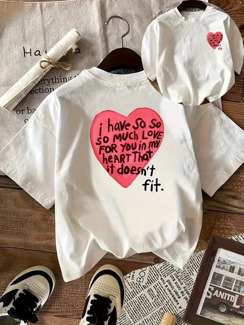 Cute Heart Slogan Graphic Print Oversized T-Shirt, Women's T-shirt Casual Short Sleeve Crew Neck Summer Daily Streetwear Top