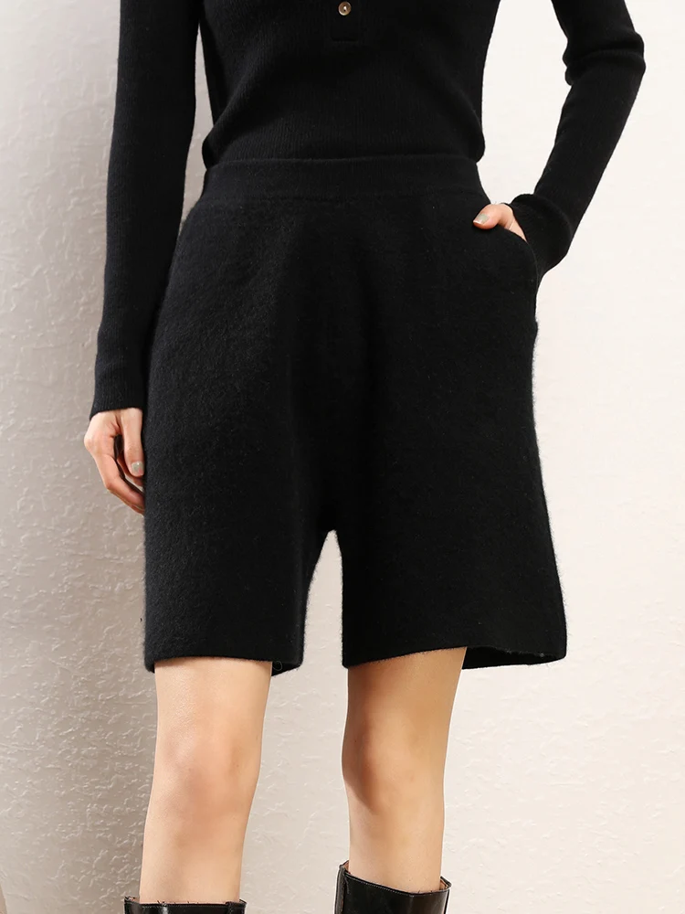 

ADDONEE Women's 100% Cashmere Short Pants Autumn Winter Chic Cashmere Knit Shorts Thick Comfy Cashmere Knitwear Simple Style