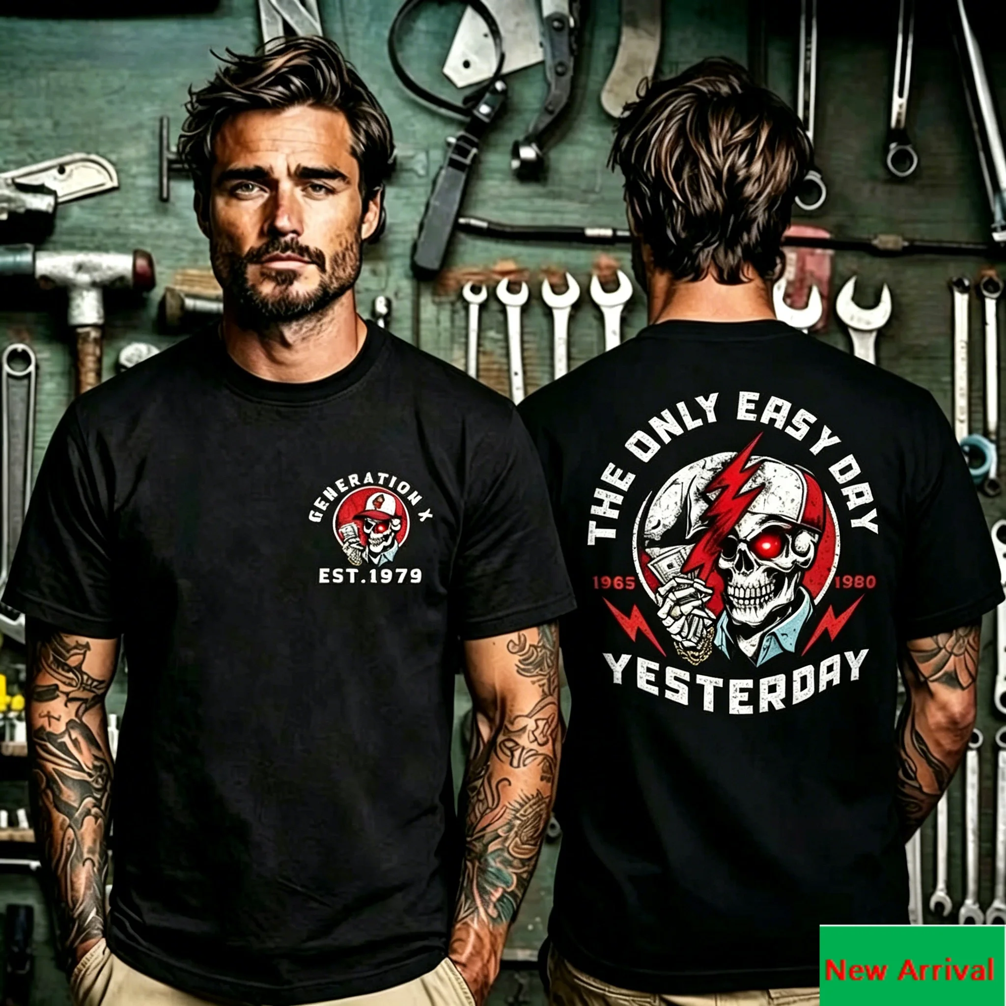Front Generation X Skull Logo and Back The Only Easy Day Yesterday Skull Print T Shirt, Retro Military Slogan Design Unisex