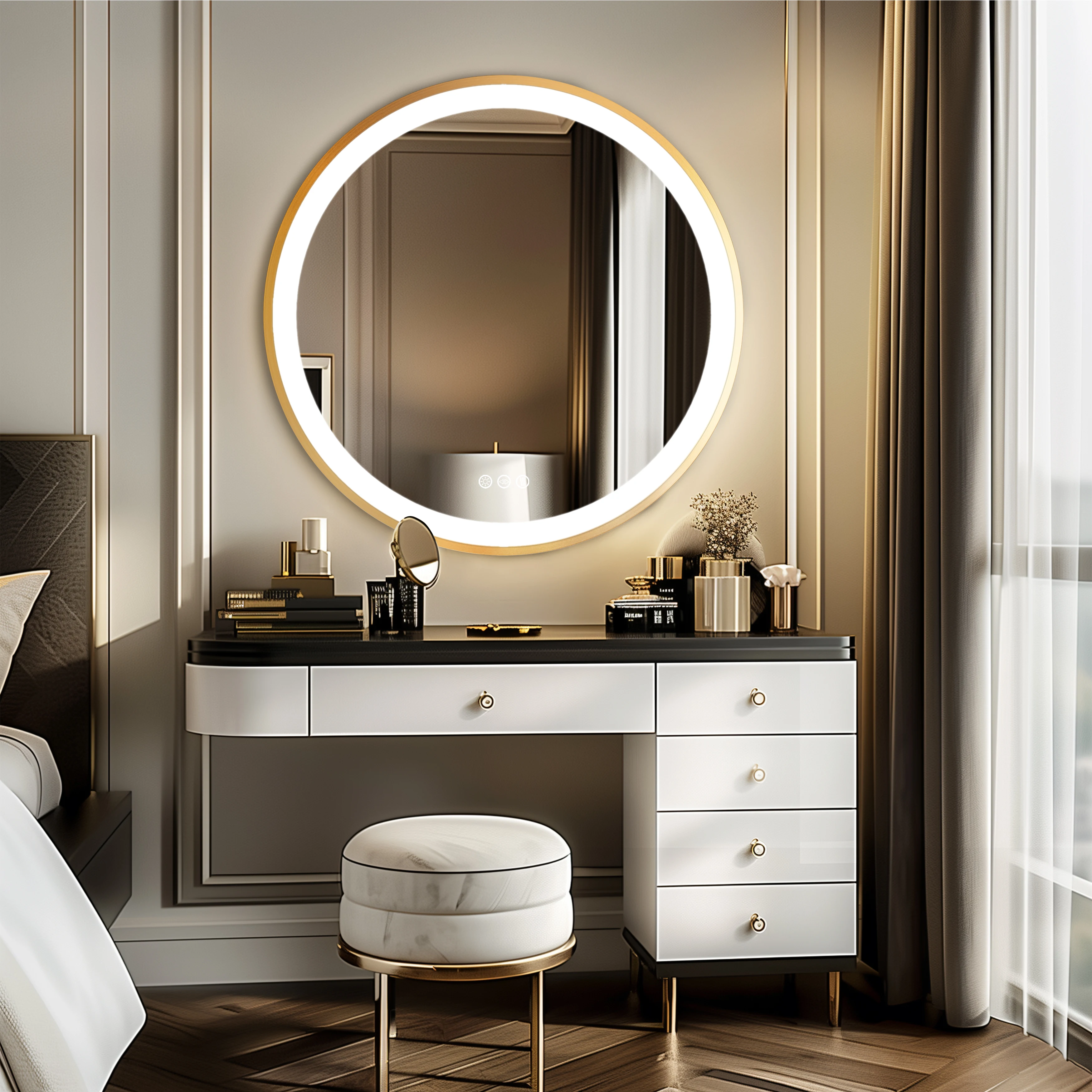 Wisfor Aluminum Framed Led Mirror 32 Inch Gold Round Bathroom Vanity Mirror  with Light Aluminum Frame with 3 Colors Temperature