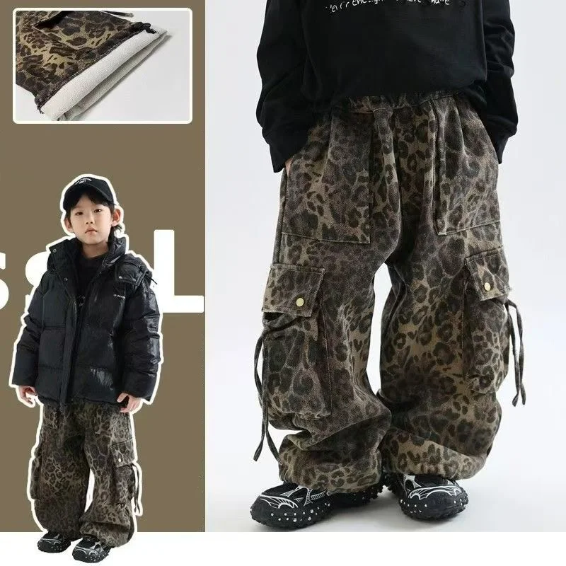 Boys' Fleece Work Pants Children's Winter One-piece Fleece Pants New Baby Thick And Warm Leopard Print Trendy Pants