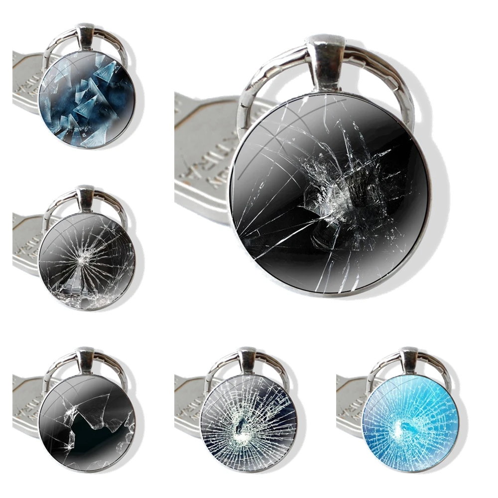 Broken Screen Keychain Handmade Glass Cabochon Key Ring Holder Pendant Key Chains