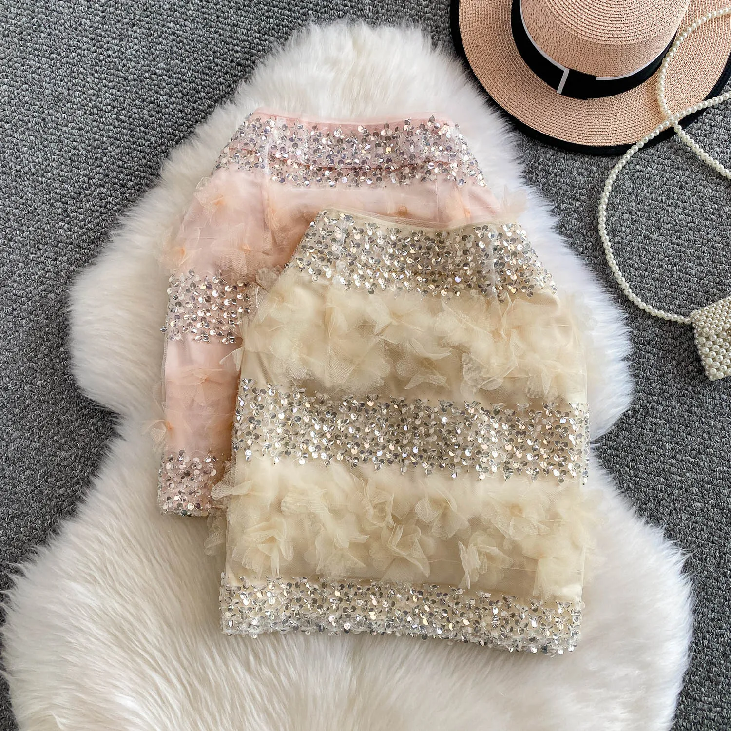 

Ele ort Tulle Skirt Women's High Waist Slimming Design Luxury European Sle Beautiful iny Sequins f-length Skirt