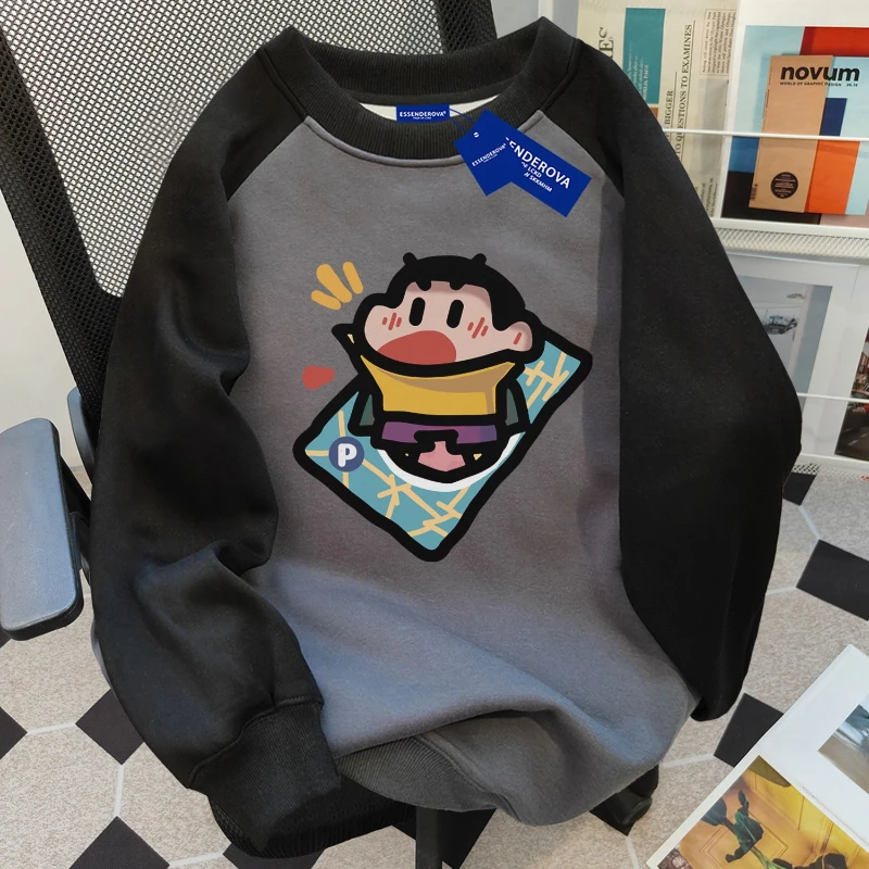 

Korean O-neck Sweatshirt for Unisex Autumn and Winter Long Sleeve Cartoon Print Cute Loose Casual Coat Retro Basic Couple Tops