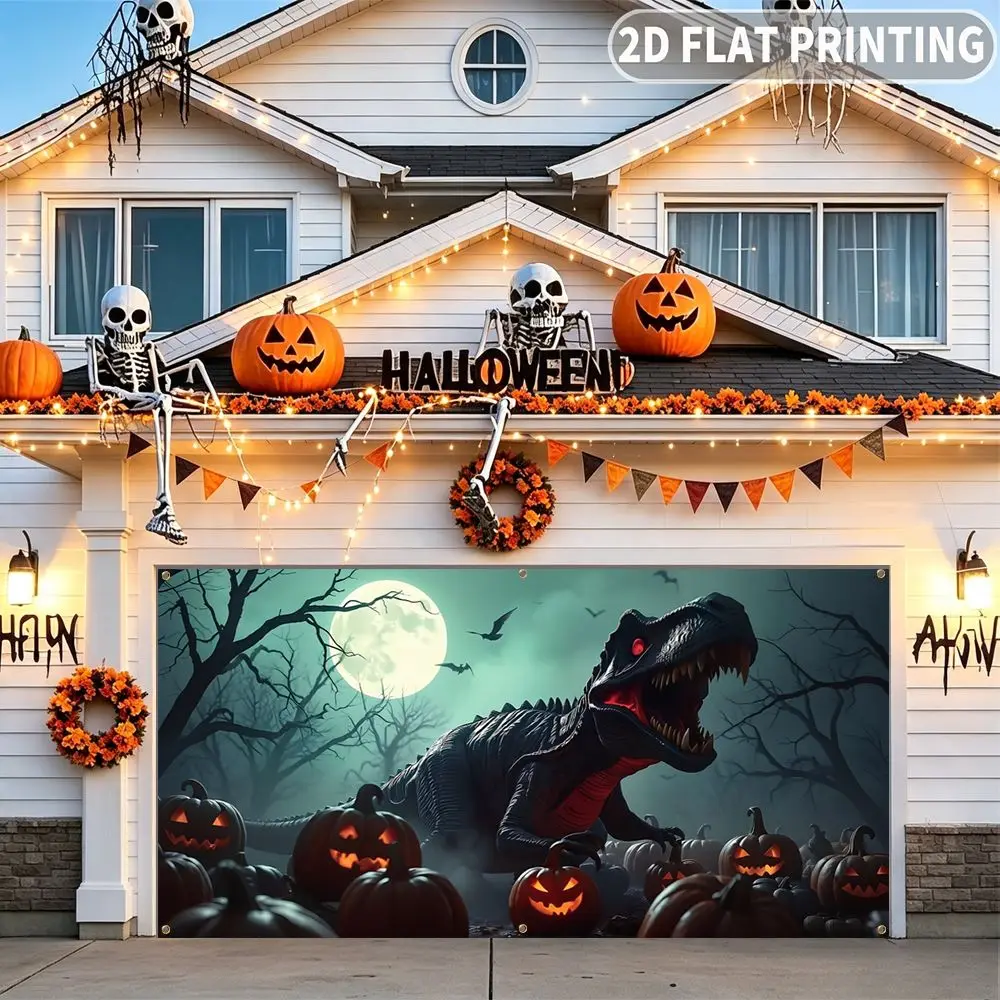 1pc 2D FLAT Halloween Party Garage Banner, Halloween Dinosaur With Glowing Pumpkins Pattern, No Power Need, for Home Decor
