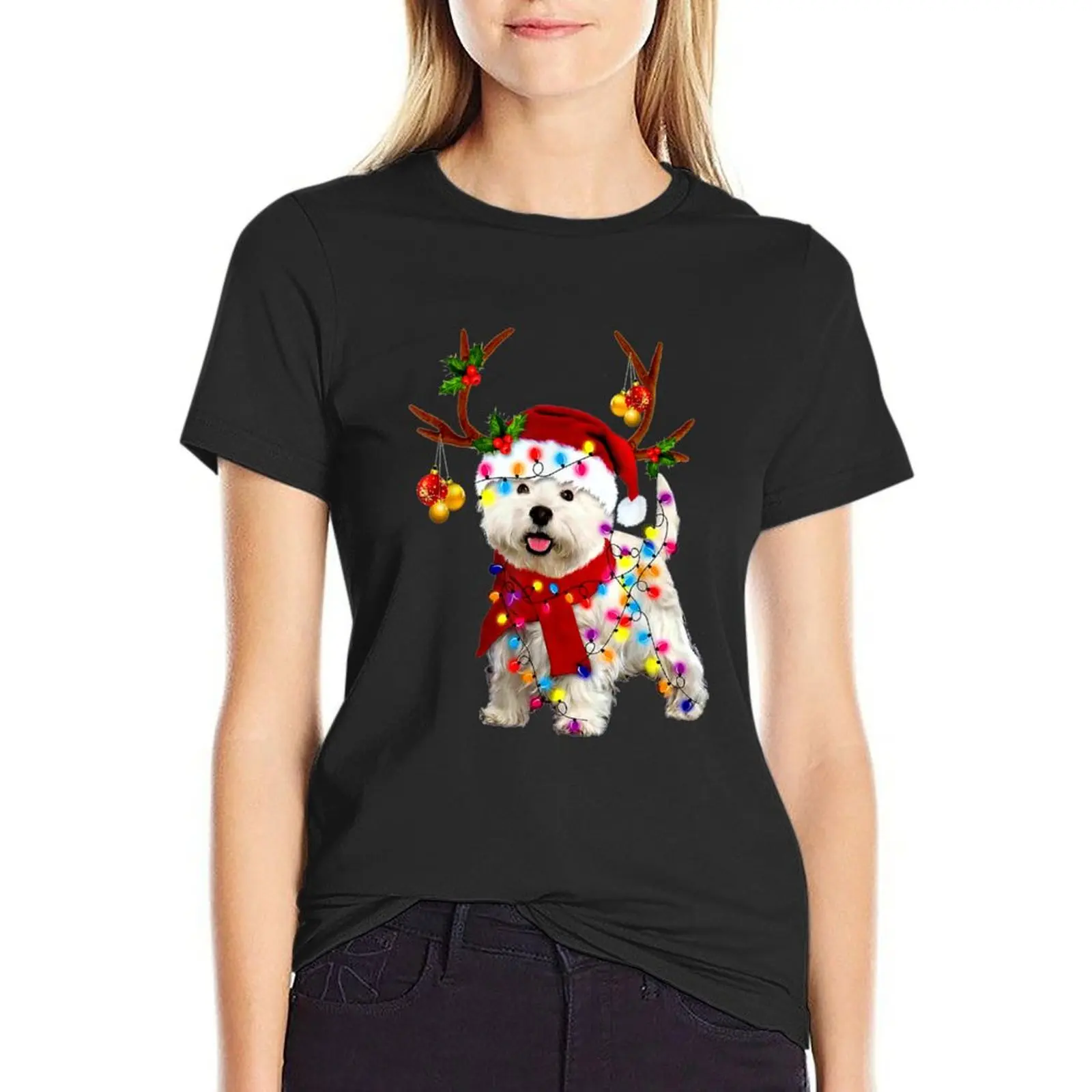 

Santa westie dog gorgeous reindeer Light Christmas T-Shirt sweat plus size tops customs design your own ariat shirts for Women