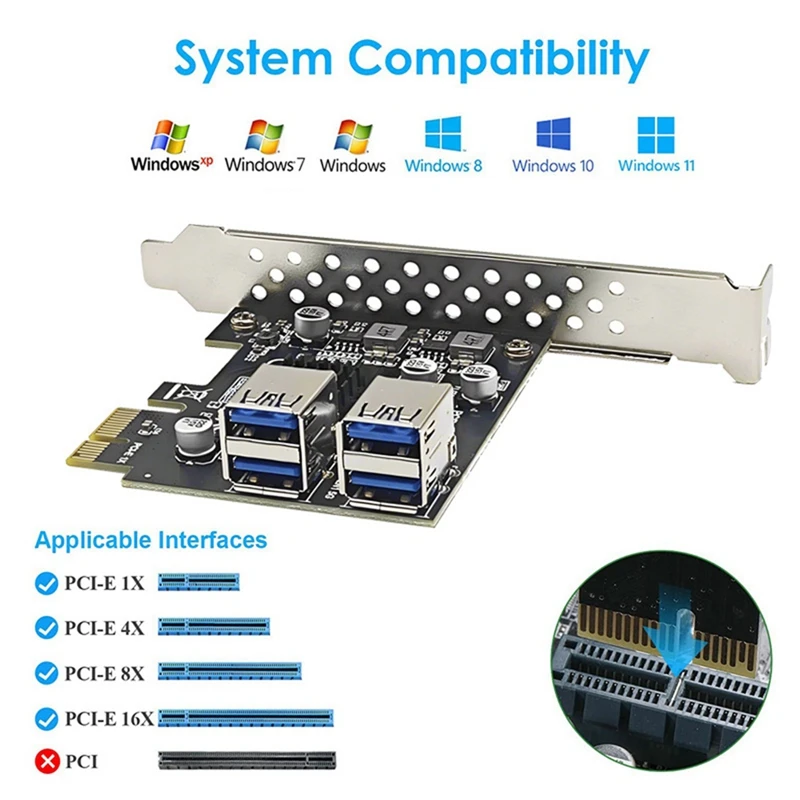 USB3.2 GEN1 PCIE Expansion Card 4 Port USB-A 5Gbps Expansion Card Adapter Riser For WIN7/10/11 LINUX