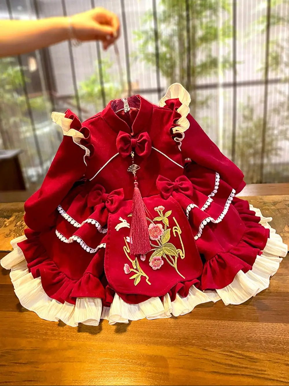 1-6T Girl's Wine Red/Pink Chinese Style Princess Dress Winter Patchwork Tiered Cake Dress Embroidery Girl's New Year Vestido