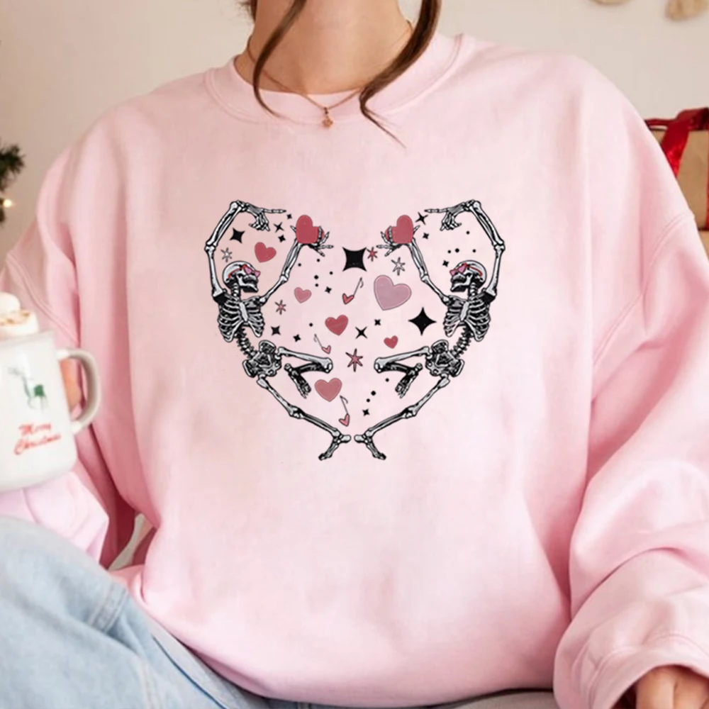 Valentine's Day Sweatshirt Retro Valentines Hoodie Aesthetic Dancing Skeleton Shirts Trendy Couple Sweater Gift for Lover