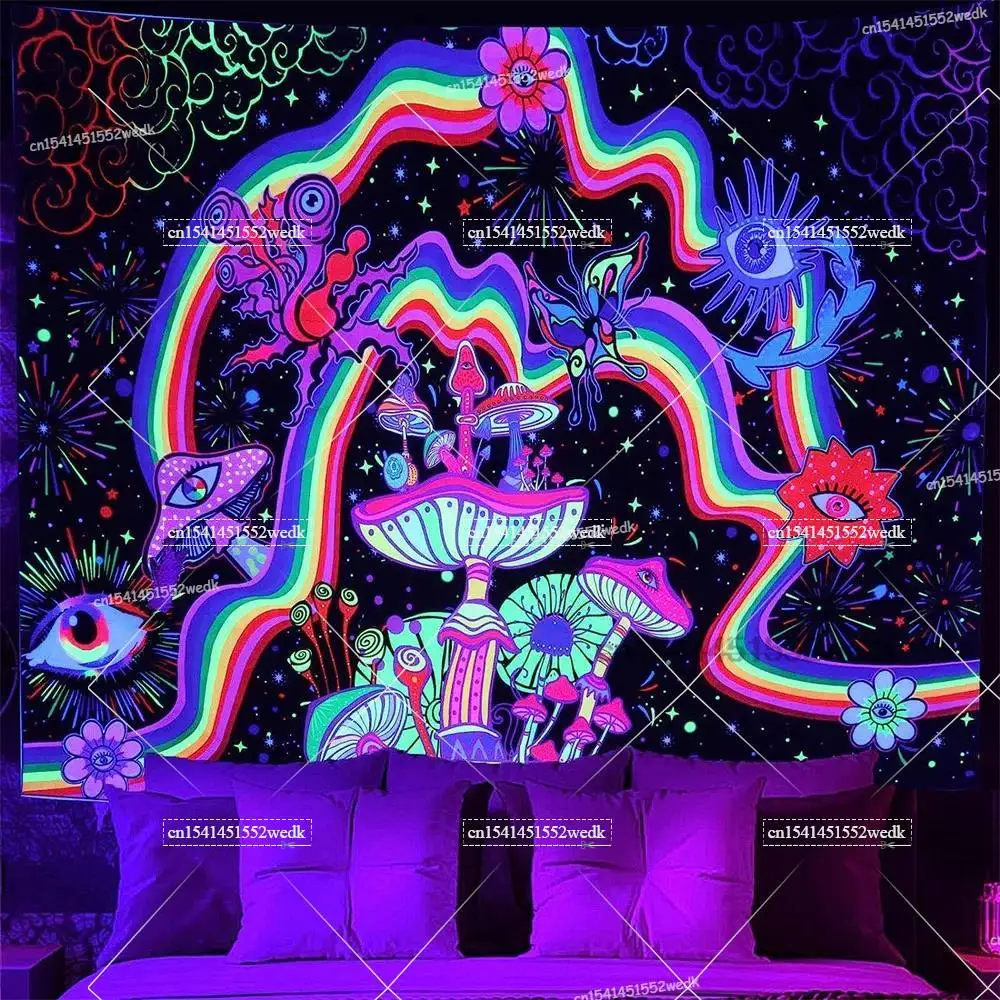Hippie Skull Blacklight Tapestry UV Reactive Halloween Skeleton Tapestry Neon Glow In The Dark Wall Hanging Aesthetic Room Decor