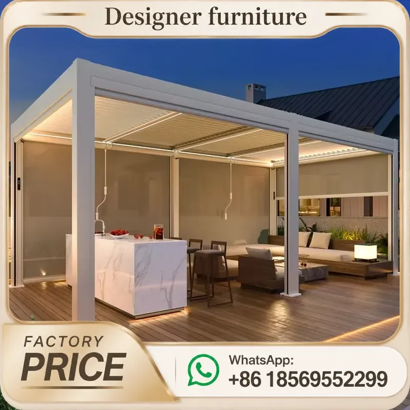 Motorized Aluminum Pergola Retractable Louvered Roof Heavy Duty Powder Coated With LED Lights For Patio Garden Modern Luxury