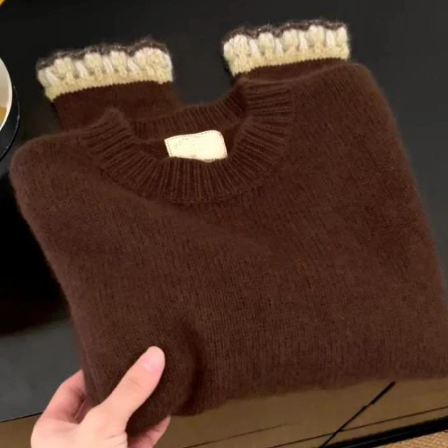 

Корейский стиль, кофейный свитер с круглым вырезом для женщин, утолщенный осенне-зимний мягкий свободный ленивый стиль, цветной вязаный пуловер