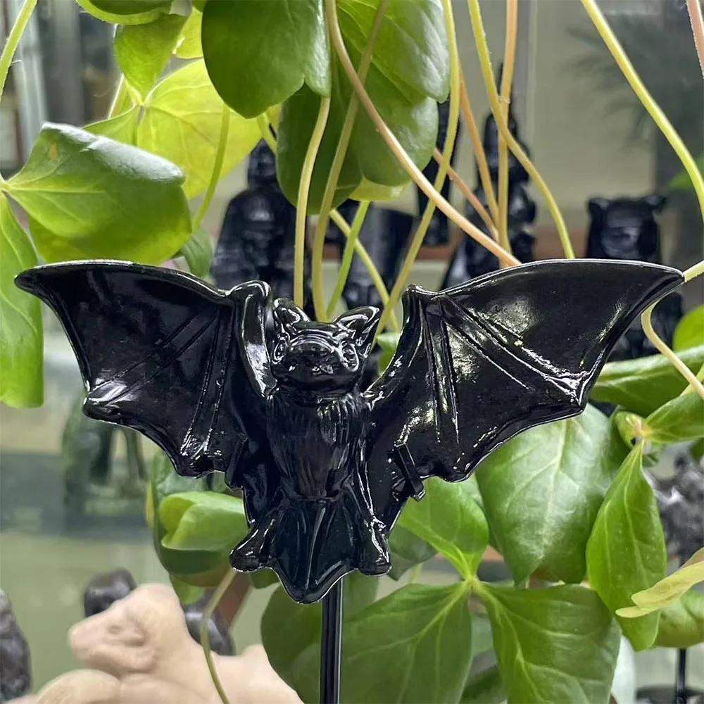 Natural Black Obsidian Bat Figurine with Stand Hand Carved Crystal Animal Statue Wiccan Altar Decor Gothic Home Ornament Gift