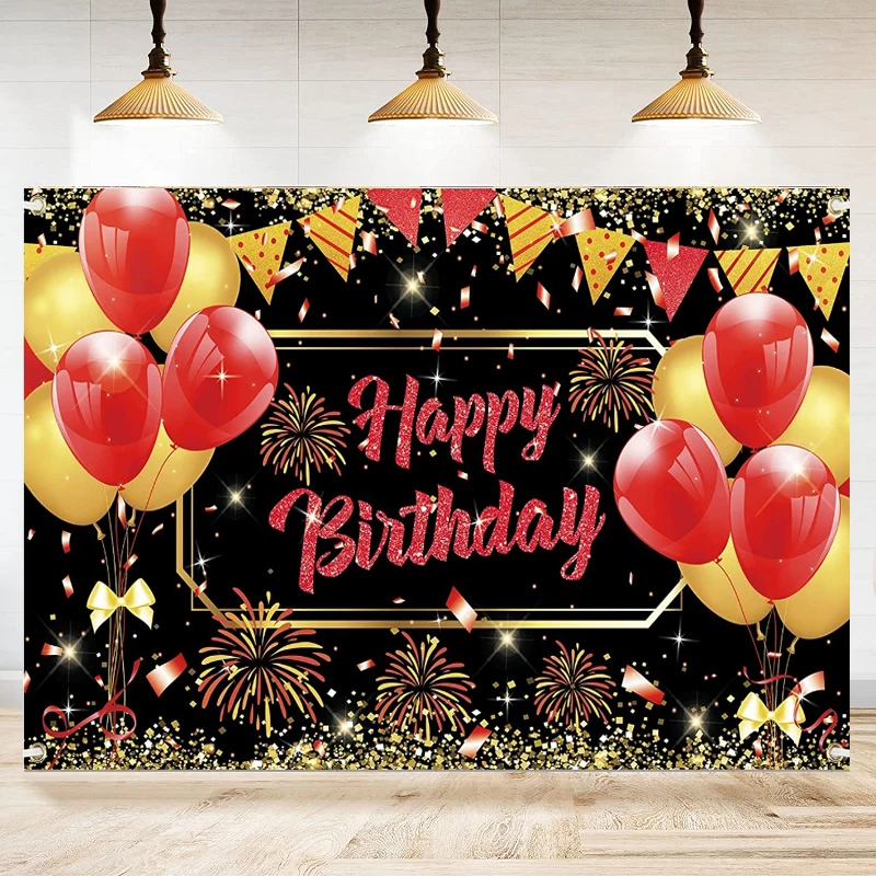 Photography Backdrop Red Black Gold balloon Banner Sign Photo Booth Background For Men Women Girls Birthday Party Decoration