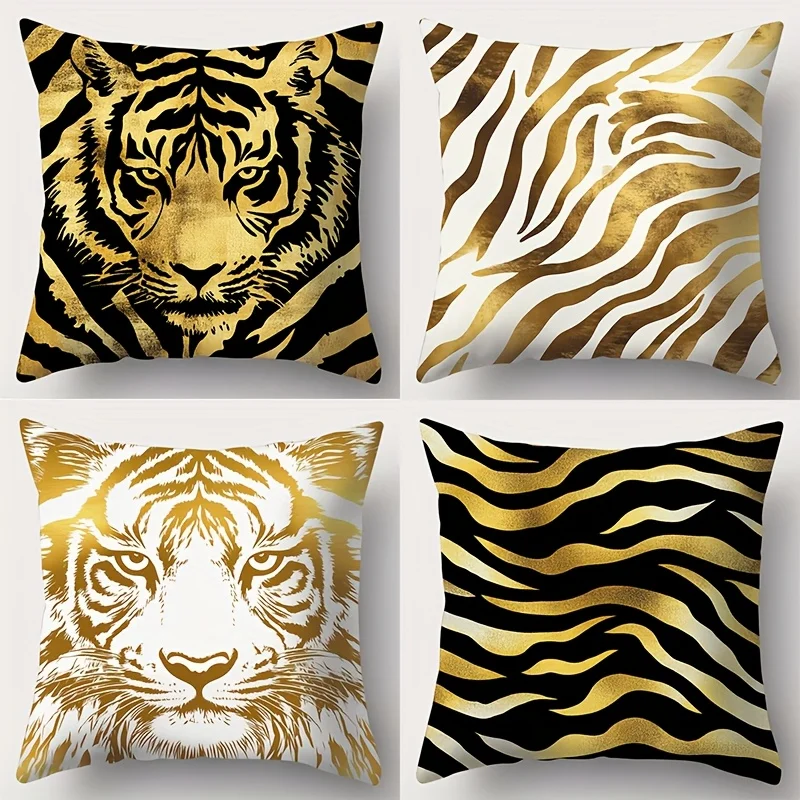 Decorative Pillow Cover Set 4 Pack Gold Tiger Zebra Animal Print Throw Cushion Decorative Accent for Sofa Couch Bedroom Home