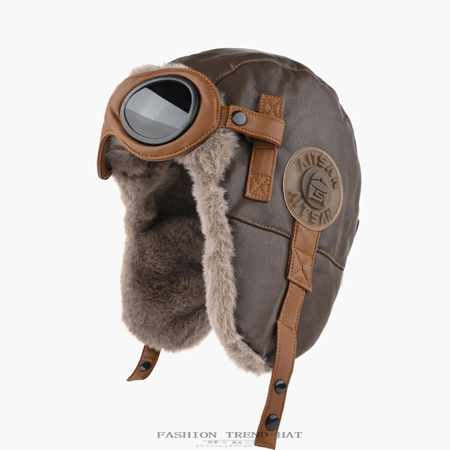 Vintage Pilot Trooper Hat for Men Faux Leather Plush Ear Protection Hat Cold Weather Warm Ski Hat With Adjustable Strap