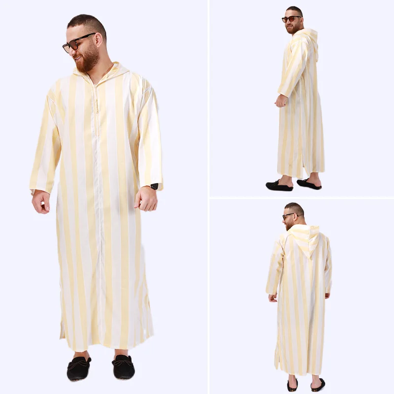 New Muslim Long Robe Men Arab Hoodie Muslim Pajamas Ethnic Costumes Gowns Men Robe Yellow Long Robe