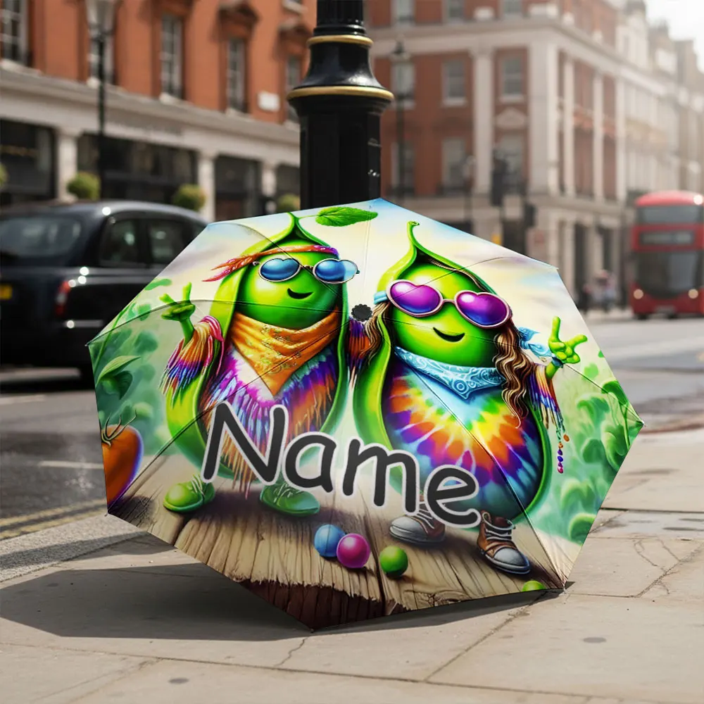 Custom Name umbrella,Colorful Happy Peas Folding Umbrella,Funky Tie-Dye Peace Design with Sunglasses,Umbrella for Sunny Rainy