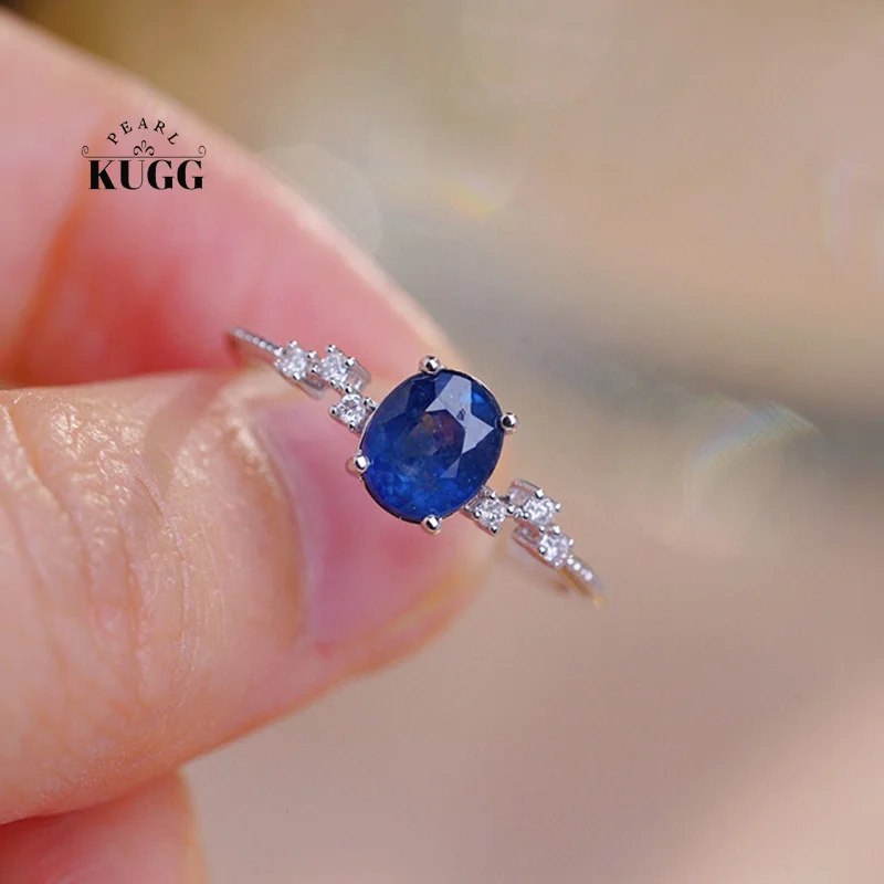 KUGG 18K White Gold Rings Classic Elegant Design INS Style Shiny Diamond Real Natural Sapphire Ring for Women High Party Jewelry