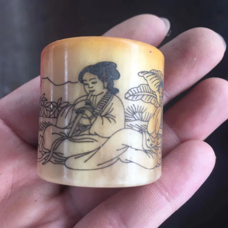 Antique Cow Bone Carving Of A Man And A Beauty With Heart Sutra Engraved On It, Finger Ring