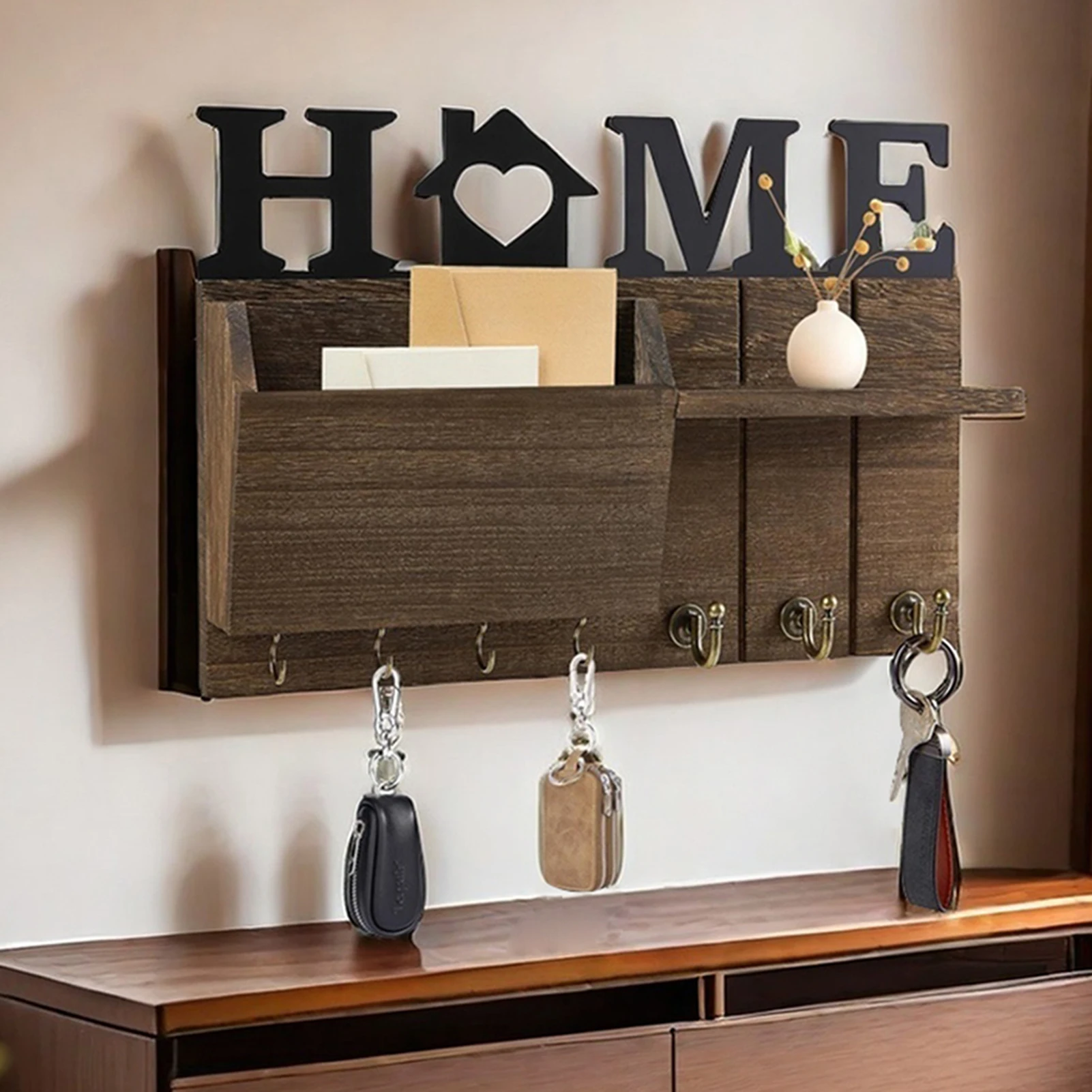 Wooden Key Holder for Wall Multifunctional Rustic Mail Organiser with Shelf for Entryway Hallway House Decoration