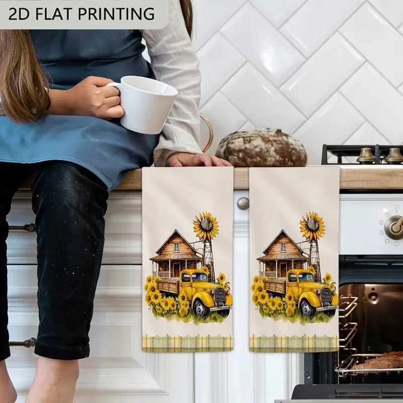 2-Pack, Spring and Summer Kitchen Dish Towels, Yellow Truck Sunflower House Pattern Hand Towels, Suitable for Home Cooking and Baking, Bathroom Cleaning, Outdoor Activities, Tea Party Decorations, and Essential Household Items, Spring and Summer Kitchen Decor
