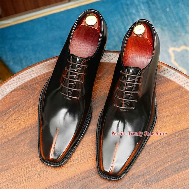 Men's Glossy Leather Oxford Shoes British Style Trend Genuine Leather Square Toe Lace-Up Business Dress Wedding Shoes Large Size