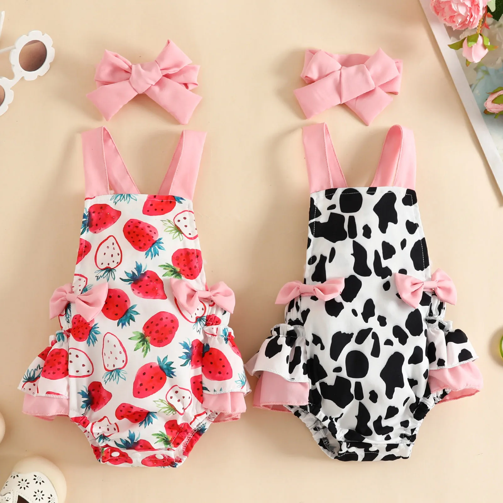 Infant Girls Sleeveless Strawberry Cow Printed Romper Newborn Ruffles Backless Bodysuits Headbands 0-18 Months Summer Clothes