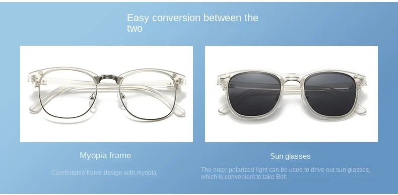 VCKA 6-in-1 Myopie-Polarisierte Sonnenbrille, transparenter grauer Rahmen, für Männer und Frauen, Clip-Magnetbrille, individuelle optische Brille, -0,5 bis -10 – Detail 3