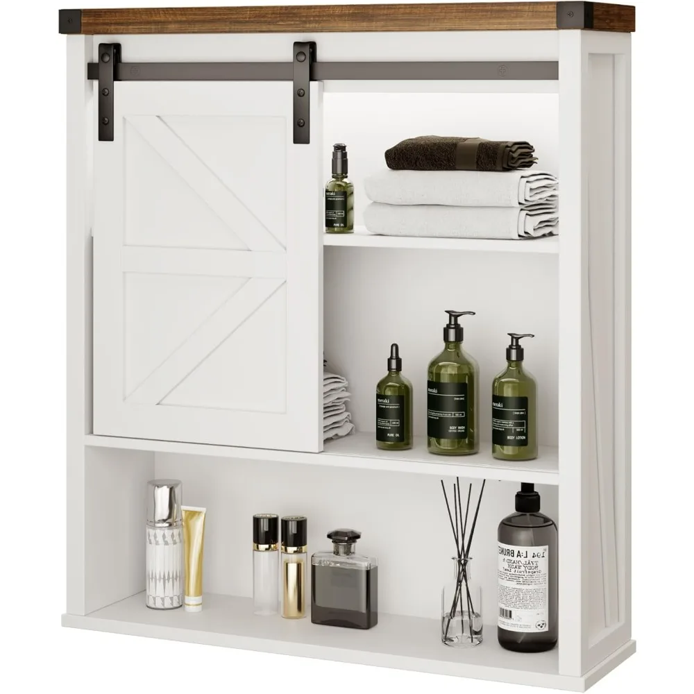 

Bathroom Wall Cabinet, Farmhouse Medicine Cabinet with Sliding Barn Door and 3-Tier Shelves, Wall Mounted Storage