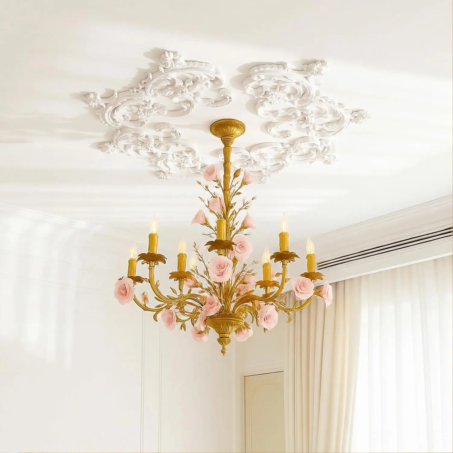 Medallón de Techo Grande Estilo Francés de PU, Base para Lámpara de Araña, Panel Decorativo, Cubierta Floral de Rosas para Iluminación Decorativa