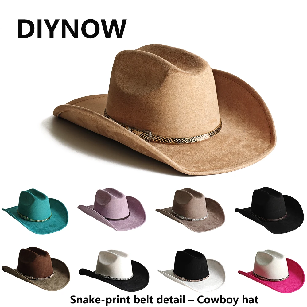 Western Cowboy Hat for Men Women Faux Suede Cowgirl Hat with Snake Print Belt Vintage Jazz Cap Fedora Hat Western Party Hat