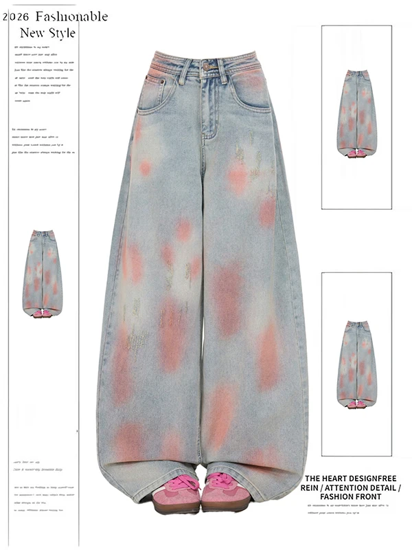 

Розовые джинсы с широкими штанинами, женские, свободного кроя, прямые, весенняя новинка, повседневные, из мягкого хлопка, легко стираются