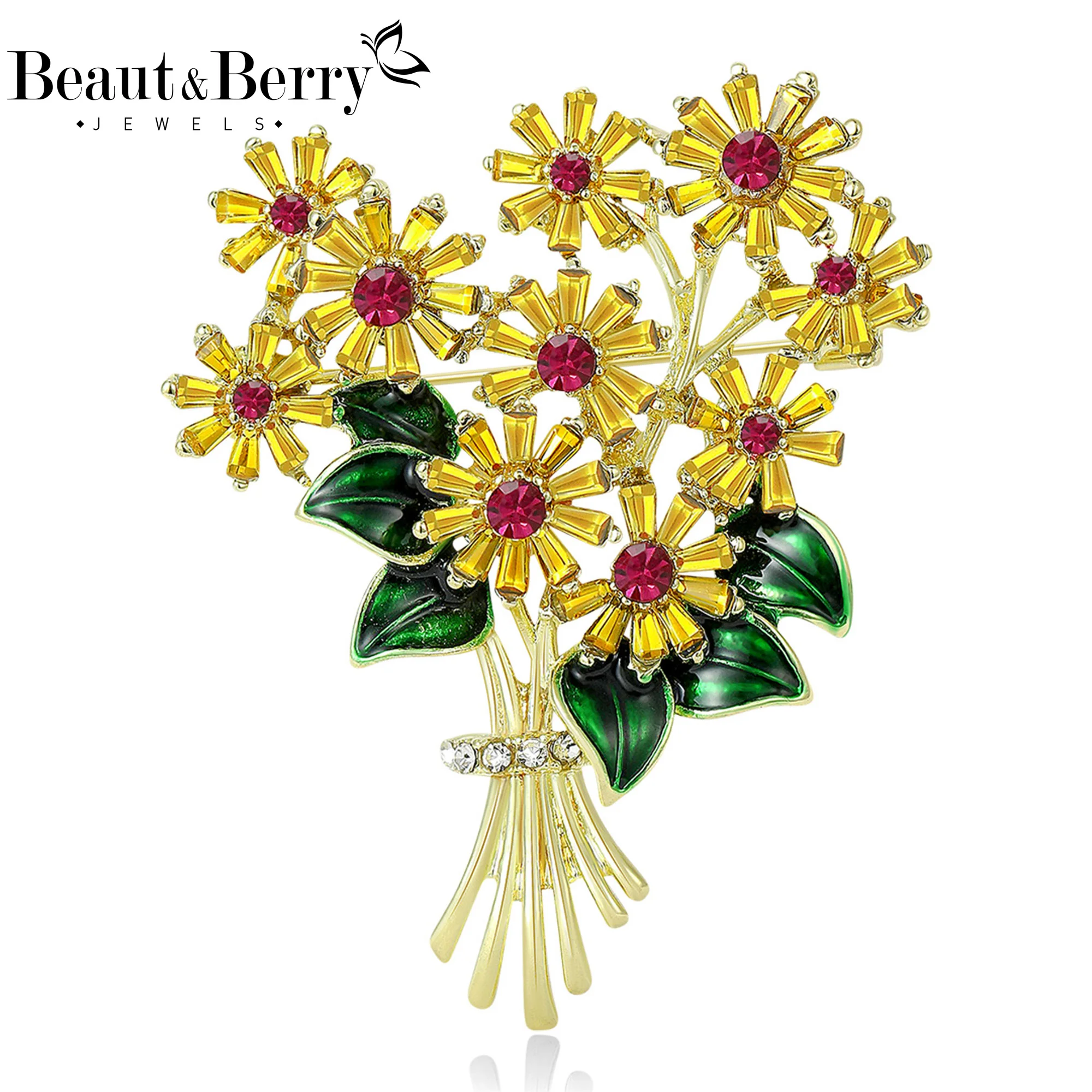 Beaut&Berry Luxury Rhinestone Daisy Bouquet Brooches for Women Unisex Plant Pins Casual Party Accessories Friends Gifts
