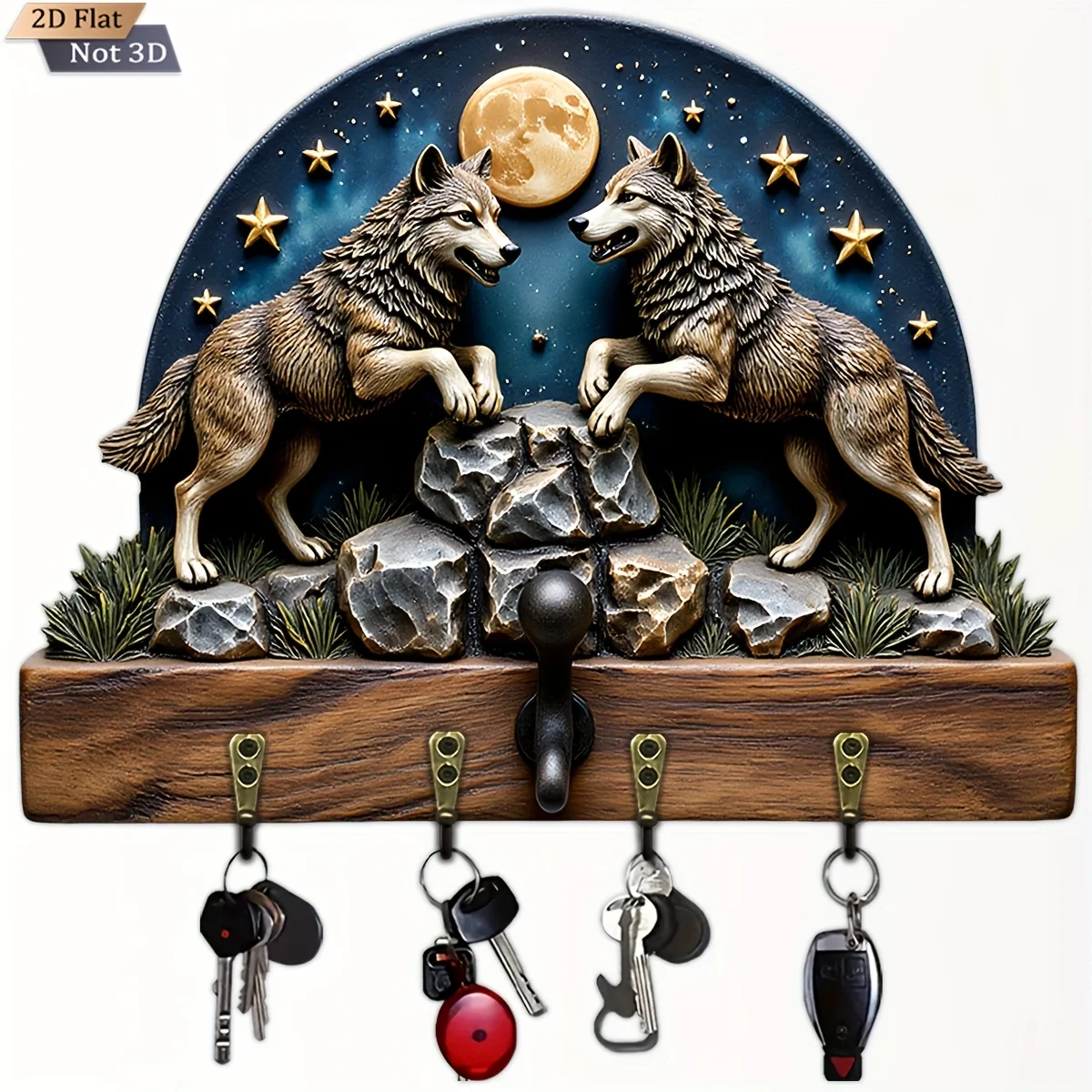 2D flach, 1 Stück, doppelter Wolf, Mondbeleuchteter Schlüsselhaken, multifunktionaler Hausschlüsselhalter aus Holz mit vier Metallhaken, Wanddekoration, Veranda