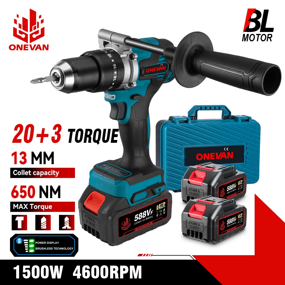 ONEVAN 13MM 650N.M Brushless Electric Impact Drill 20+3 Torque Cordless Screwdriver Drill Power Tool For Makita 18V Battery Pin