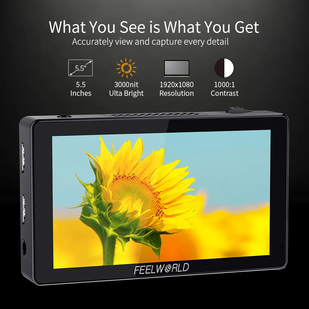 FEELWORLD 5.5นิ้ว3000nit Ultra Bright Touch หน้าจอกล้อง DSLR Field Monitor HDMI 4K ติดตั้งชุดสำหรับ Gimbal Rig youtube LUT5