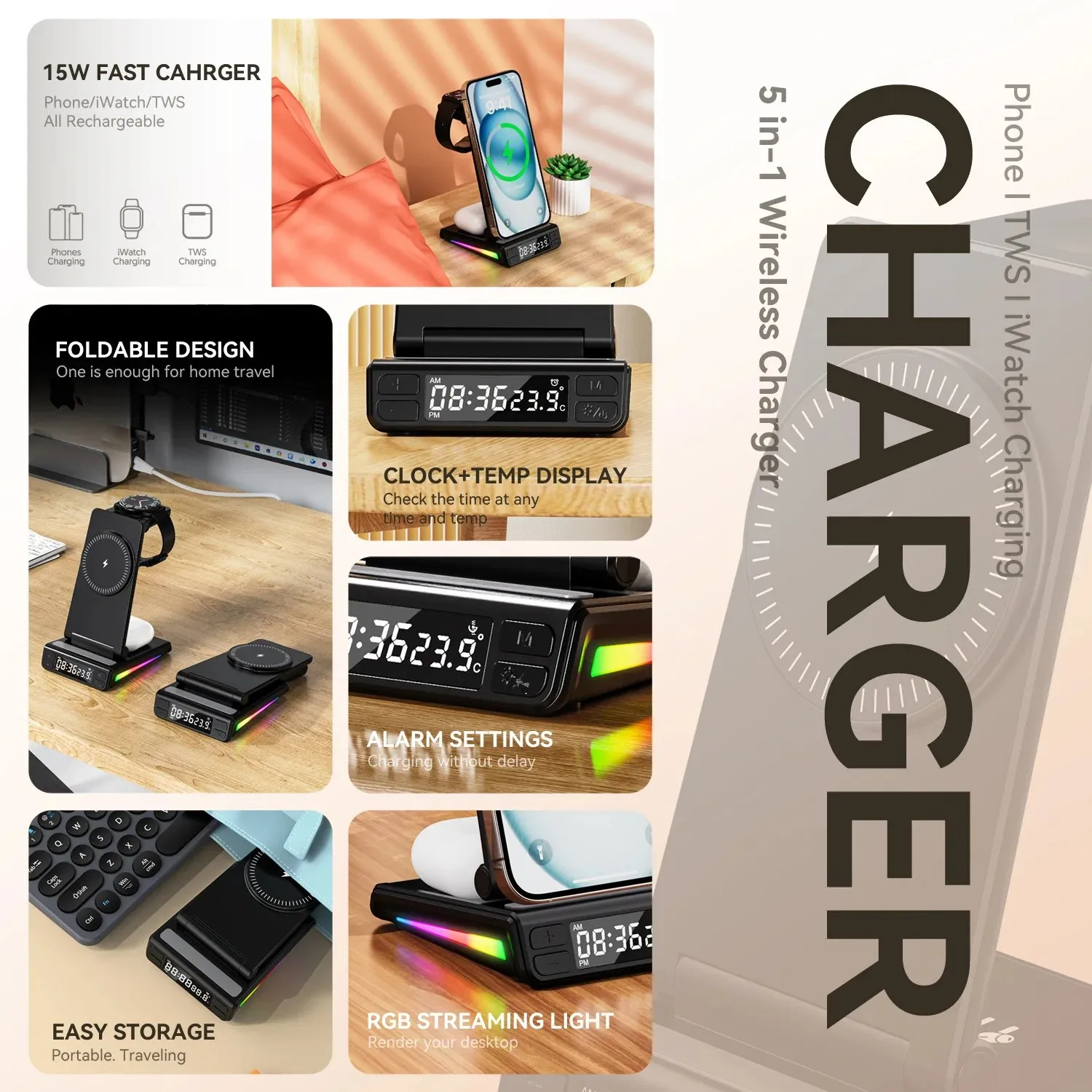 Multi-Functional Desktop Stand Wireless Charger Five-In-One Foldable Wireless Charger For Mobile Phones Watches Earphones