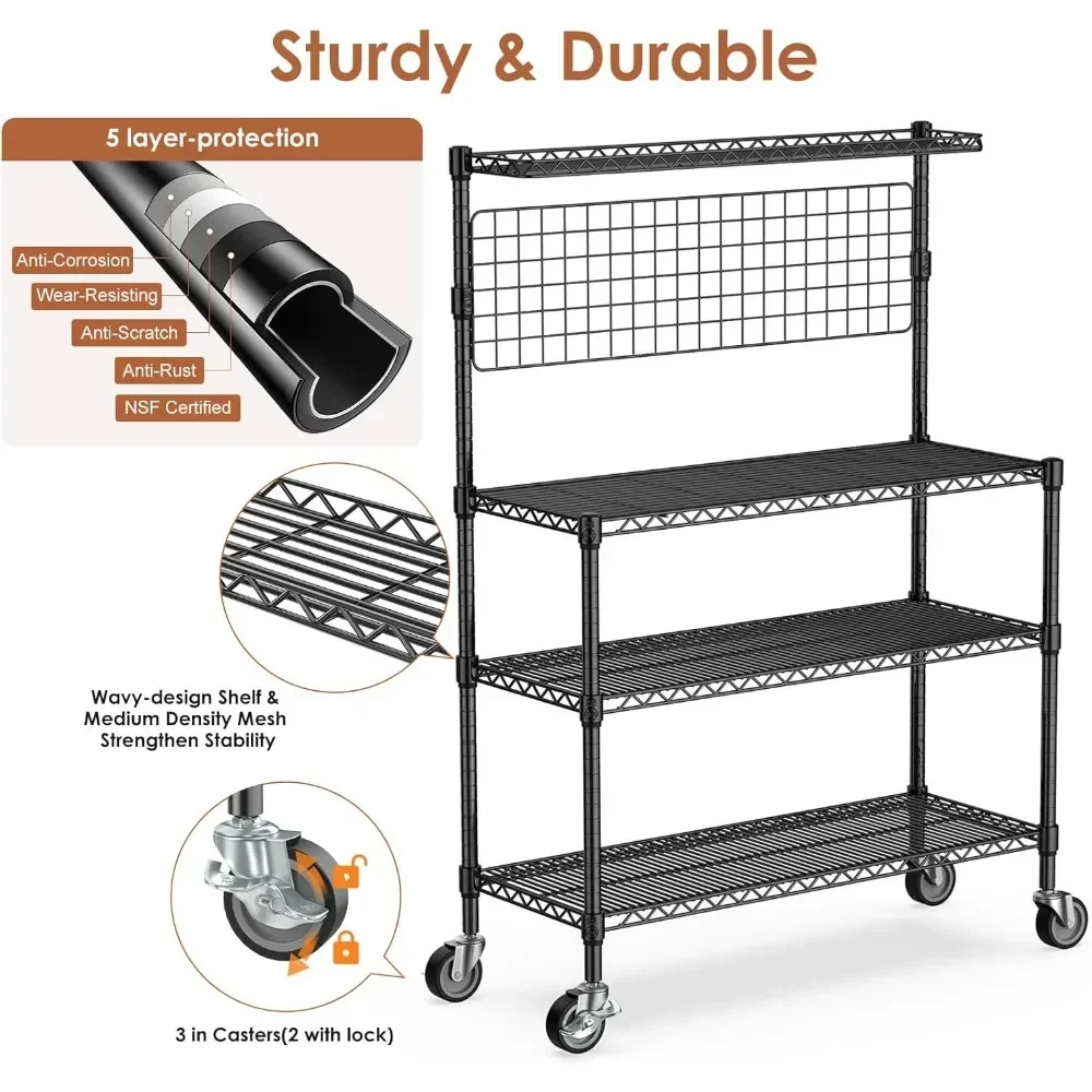 

Bakers Rack with Storage & Wheels, 42 Inch Microwave Stand Kitchen Shelves, 4-Tier Heavy Duty Storage Rack with 20 S-Hooks, Com