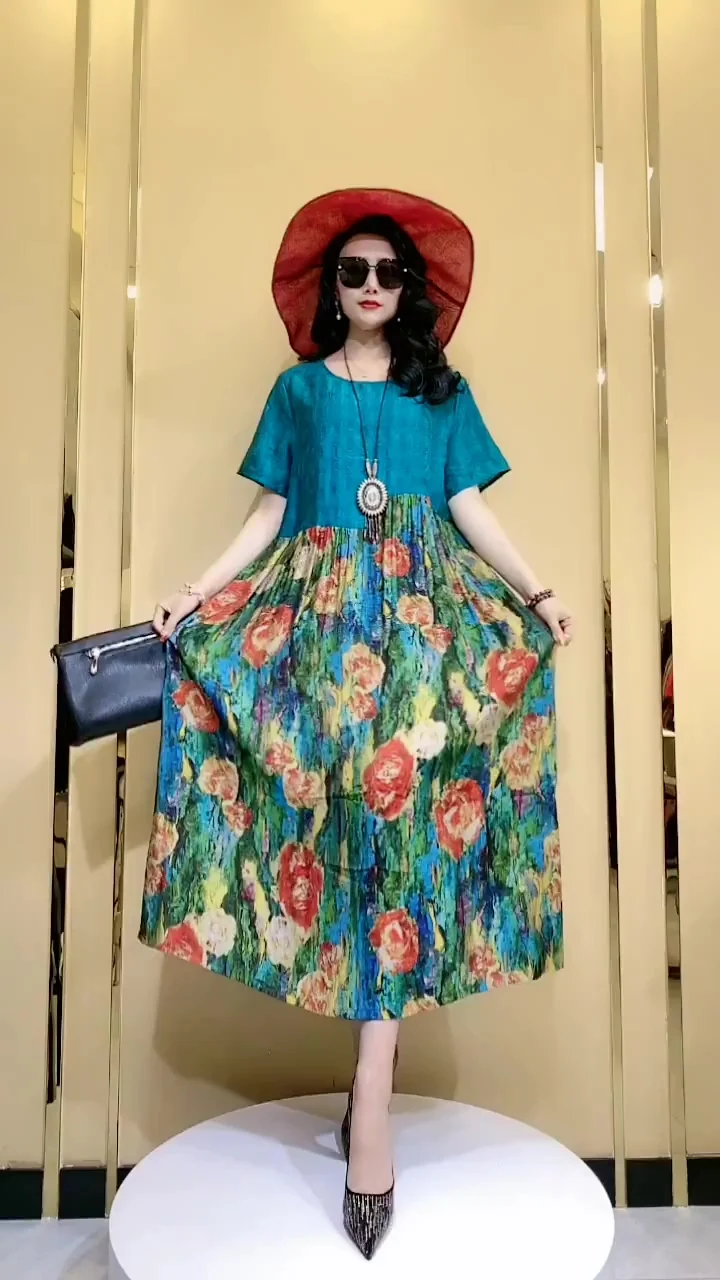 

2024 Spring Summer Print 4XL Plus Size Mulberry Silk Dress Women Elegant Bodycon Party Vestidos Boho Vintage Loose Midi Dresses