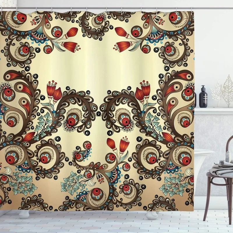 Retro European Curled Floral Shower Curtain No Drilling Elegant Bathroom Decor with 12 Hooks Waterproof Fabric