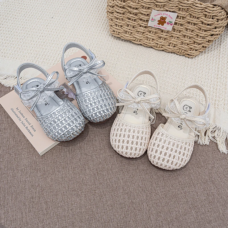 Girls Half Sandals Kids Summer Princess Shoes Anti Slip Soft Sole Children Weave Toes Capped Sandals with Lace Bow-knot